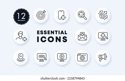 Contextual advertising set icon. Target, arrow, search, income, tracking, geolocation, mouthpiece, website, online store. The target audience concept. Vector line icon for Business and Advertising
