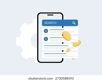 Publicidad contextual: anuncios PPC dirigidos en Resultados de búsqueda en la pantalla del móvil entre listados orgánicos. Anuncios contextuales Estrategia de marketing de pantalla Relevantes Concepto de negocio digital Ilustración vectorial