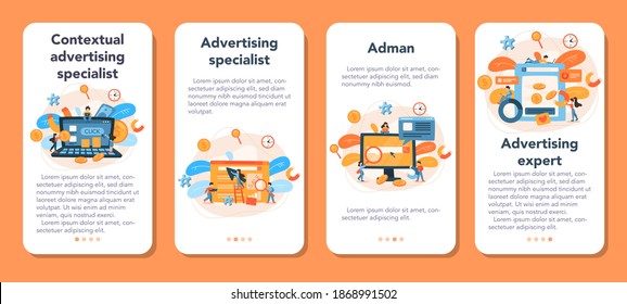 Contextual advertsing mobile application banner set. Marketing campaign and social network advertising. Commercial advertisement and communication with customer idea. Flat vector illustration