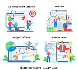 Contextual advertsing online service or platform set. Marketing campaign and social network advertising. Online course, analytic, ad management software, website. Flat vector illustration