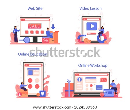 Contextual advertsing online service or platform set. Marketing campaign and social network advertising. Online workshop, education, lesson, education, website. Isolated flat vector illustration