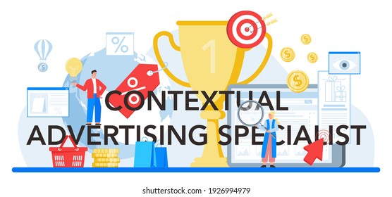 Contextual advertsing specialist typographic header. Marketing campaign and social network advertising. Commercial communication with customer. Flat vector illustration
