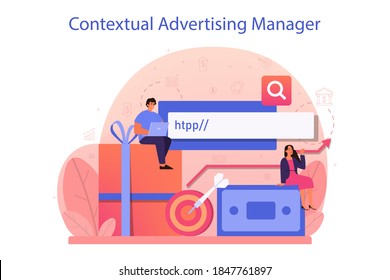 Contextual advertsing and targeting concept. Marketing campaign and social network advertising. Commercial advertisement and communication with customer idea. Isolated flat vector illustration