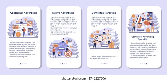 Contextual advertsing and targeting mobile application banner set. Marketing campaign and social network advertising. Commercial advertisement and communication with customer. Vector illustration