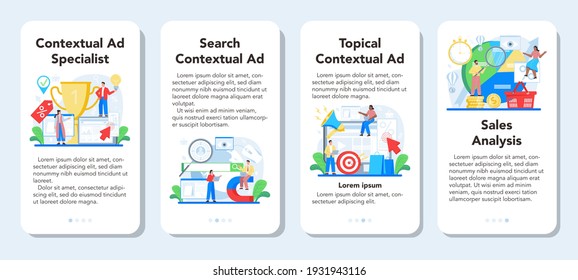 Kontextuelles Werben und gezielte Ausrichtung auf Banner für mobile Anwendungen. Marketingkampagne und Social-Network-Werbung. Kommerzielle Kommunikation mit dem Kunden. Flache Vektorgrafik