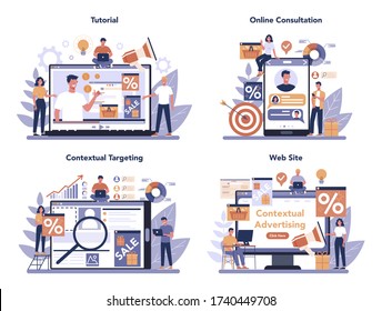 Contextual advertsing and targeting online service or platform set. Marketing campaign and social network advertising. Tutorial, online consultation, website. Vector illustration
