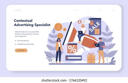 Contextual advertsing and targeting web banner or landing page. Marketing campaign and social network advertising. Commercial advertisement and communication with customer. Vector illustration