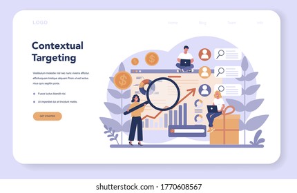 Contextual advertsing and targeting web banner or landing page. Marketing campaign and social network advertising. Commercial advertisement and communication with customer. Vector illustration