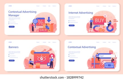 Contextual advertsing and targeting web banner or landing page set. Marketing campaign and social network advertising. Commercial communication with customer idea. Isolated flat vector illustration