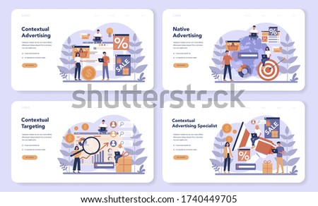 Contextual advertsing and targeting web banner or landing page set. Marketing campaign and social network advertising. Commercial advertisement and communication with customer. Vector illustration