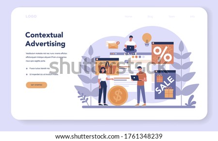 Contextual advertsing and targeting web banner or landing page. Marketing campaign and social network advertising. Commercial advertisement and communication with customer. Vector illustration