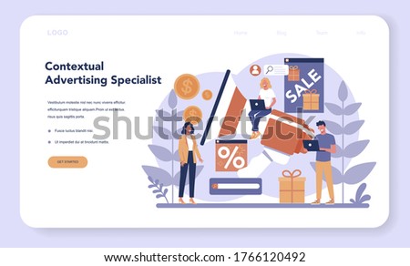 Contextual advertsing and targeting web banner or landing page. Marketing campaign and social network advertising. Commercial advertisement and communication with customer. Vector illustration