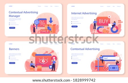 Contextual advertsing and targeting web banner or landing page set. Marketing campaign and social network advertising. Commercial communication with customer idea. Isolated flat vector illustration