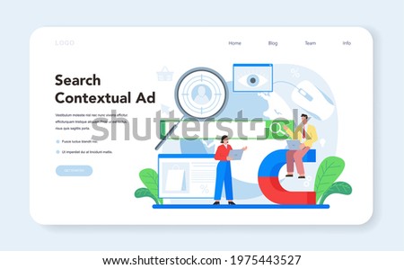 Contextual advertsing and targeting web banner or landing page. Marketing campaign and social network advertising. Commercial communication with customer. Flat vector illustration