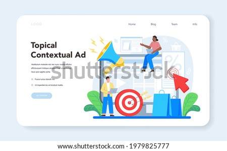 Contextual advertsing and targeting web banner or landing page. Marketing campaign and social network advertising. Commercial communication with customer. Flat vector illustration