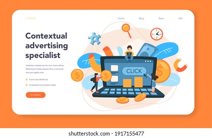 Contextual advertsing web banner or landing page. Marketing campaign and social network advertising. Commercial advertisement and communication with customer idea. Flat vector illustration