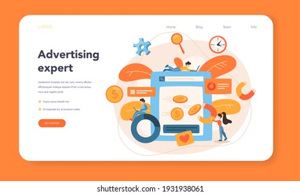 Contextual advertsing web banner or landing page. Marketing campaign and social network advertising. Commercial advertisement and communication with customer idea. Flat vector illustration