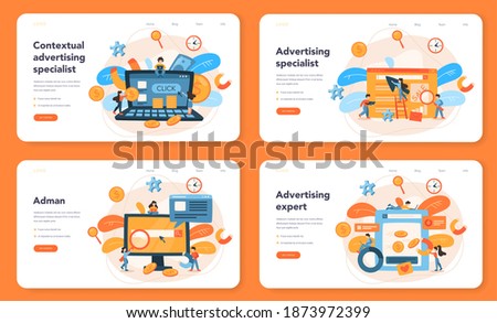 Contextual advertsing web banner or landing page set. Marketing campaign and social network advertising. Commercial advertisement and communication with customer idea. Flat vector illustration