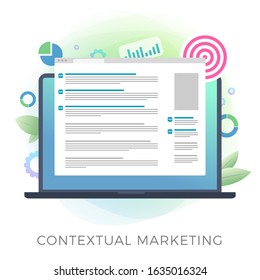 Contextual Marketing campaign vector icon. Context ppc online inbound advertising with laptop ads and graph, arrow and profit icons. Concept of analytics, strategy, profit growth and successful result