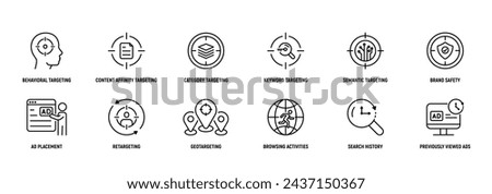 Contextual Marketing Line Icon Set, Editable Stroke. Behavioral, Content, Affinity, Targeting, Category, Keyword, Strategy.
