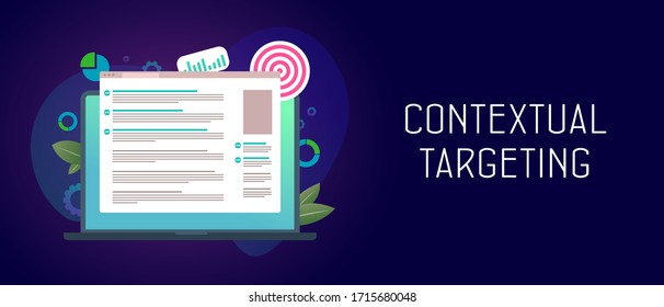 Contextual Targeting, ppc online advertising concept. Marketing context campaign with laptop ads and graph, arrow and profit icons. Concept of analytics, strategy, profit growth and successful result