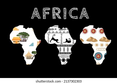 Continent Africa with patterns , vector illustration set. Elements for design, vector illustration, African culture concept. , logo