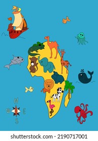 The continent of Africa with wild animals is washed by an ocean with fish. Vector image
