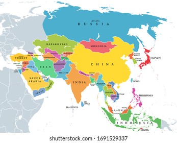 Continent Asia, political map with colored single states and countries. With the Asian part of Russia and Turkey and Sinai Peninsula as African part. English labeling. Illustration over white. Vector. - Shutterstock ID 1691529337