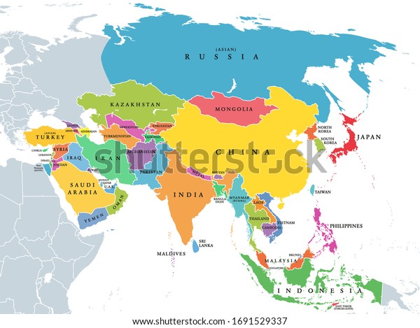 アジア大陸 色の付いた単一の国と国の政治地図 アフリカ部分はロシア トルコ シナイ半島のアジア部分 英語の表示 白い背景にイラトス ベクター画像 のベクター画像素材 ロイヤリティフリー