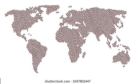 Continent atlas composition constructed of space rocket elements. Vector space rocket design elements are composed into mosaic continent illustration.