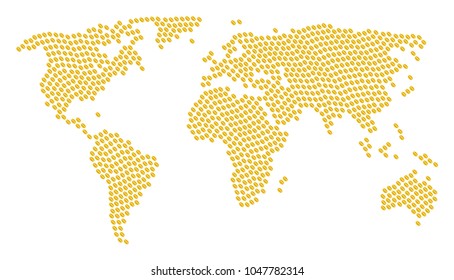 Continent atlas pattern constructed of wheat seed pictograms. Vector wheat seed icons are combined into conceptual worldwide collage.