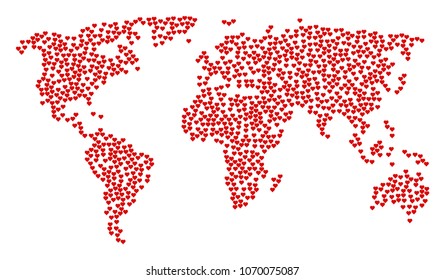 Continent collage map created of valentine heart design elements. Vector valentine heart scattered flat pictograms are composed into mosaic world map.