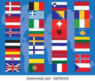 Continent flags of the world against blue background, abstract vector art illustration