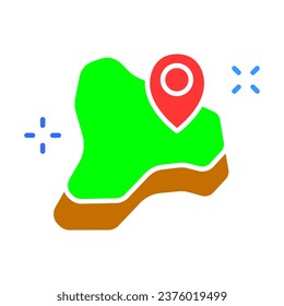 Continente con icono de línea de etiqueta GPS. Geografía, estudio, ciencia, continente, país, mundo, geolocalización. Icono de color vectorial sobre fondo blanco para negocios y publicidad.