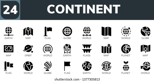 continent icon set. 24 filled continent icons.  Simple modern icons about  - Earth, Map, Flag, Globe, World, Orbit, Flags, Planet