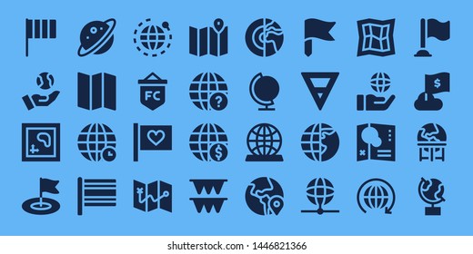 continent icon set. 32 filled continent icons. on blue background style Collection Of - Flag, Earth, Map, Planet, World, Earth globe, Flags, Globe