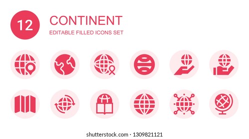 continent icon set. Collection of 12 filled continent icons included Globe, Earth, Worldwide, Terra, Map, World, Earth globe
