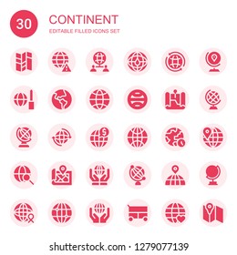 continent icon set. Collection of 30 filled continent icons included Map, Worldwide, Global, Globe, Terra, Earth, World, Earth globe, Miscellaneous