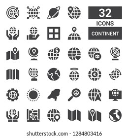 continent icon set. Collection of 32 filled continent icons included World, Map, Globe, Pacifism, Worldwide, Earth, Planet earth, Global, Earth globe, Border
