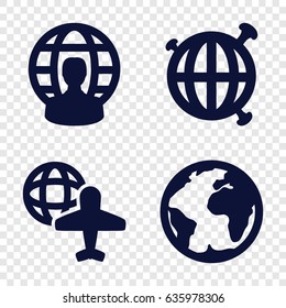 Continent icons set. set of 4 continent filled icons such as globe and plane, user globe, globe