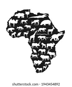 Continent map of Africa vector silhouette with wild animals. Travel invitation card for Africa nature. Savannah safari trip tourist attraction with giraffe, lion, elephant, rhino, hippo, zebra, hyena.