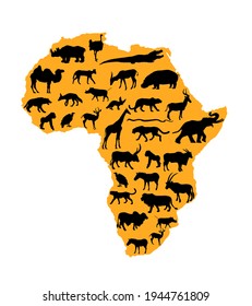 Continent map Africa vector silhouette illustration with wild animals. Travel invitation card Africa nature. Savannah safari trip tourist attraction giraffe, lion, elephant, rhino, hippo, zebra, hyena