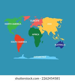 continent map. the names of the continents in English and each region marked with a different color