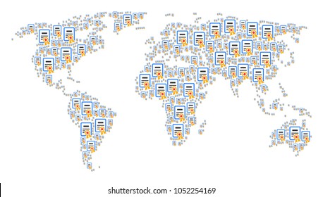 Continent map pattern combined of certificate elements. Vector certificate icons are composed into conceptual international atlas.