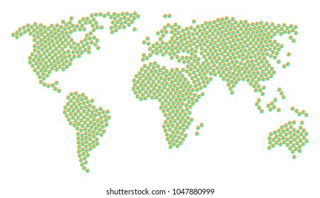 Continent map pattern combined of pie chart pictograms. Vector pie chart icons are composed into geometric global world atlas.