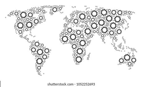 Continent map pattern done of cogwheel design elements. Vector cogwheel pictograms are composed into geometric international plan.