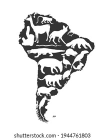 Continent map Southern America vector silhouette with wild animals. Travel destination for tourist. Wildlife exotic attraction jaguar, chinchilla, cayman, capybara, lama, giant anteater, macaw parrot.