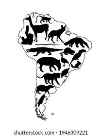 Continent map Southern America vector contour silhouette with wild animals. Travel destination for tourist. Wildlife exotic attraction jaguar, chinchilla, cayman, capybara, lama, giant anteater, sloth