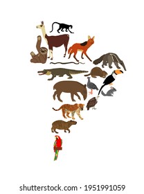 Mapa continental ilustrativo del vector sudamericano con animales salvajes. Destino de viaje para turistas. Jaguar, chinchilla, cayman, capibara, lama, anteater, loro de macaw.