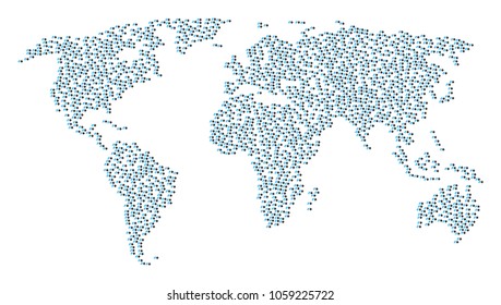 Continent mosaic map organized of exit direction elements. Vector exit direction scattered flat design elements are composed into mosaic world map.